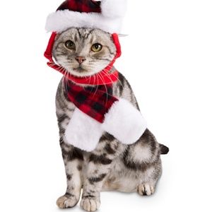 NWOT Cat Santa hat and scarf set, cute red and black Buffalo plaid with faux fur